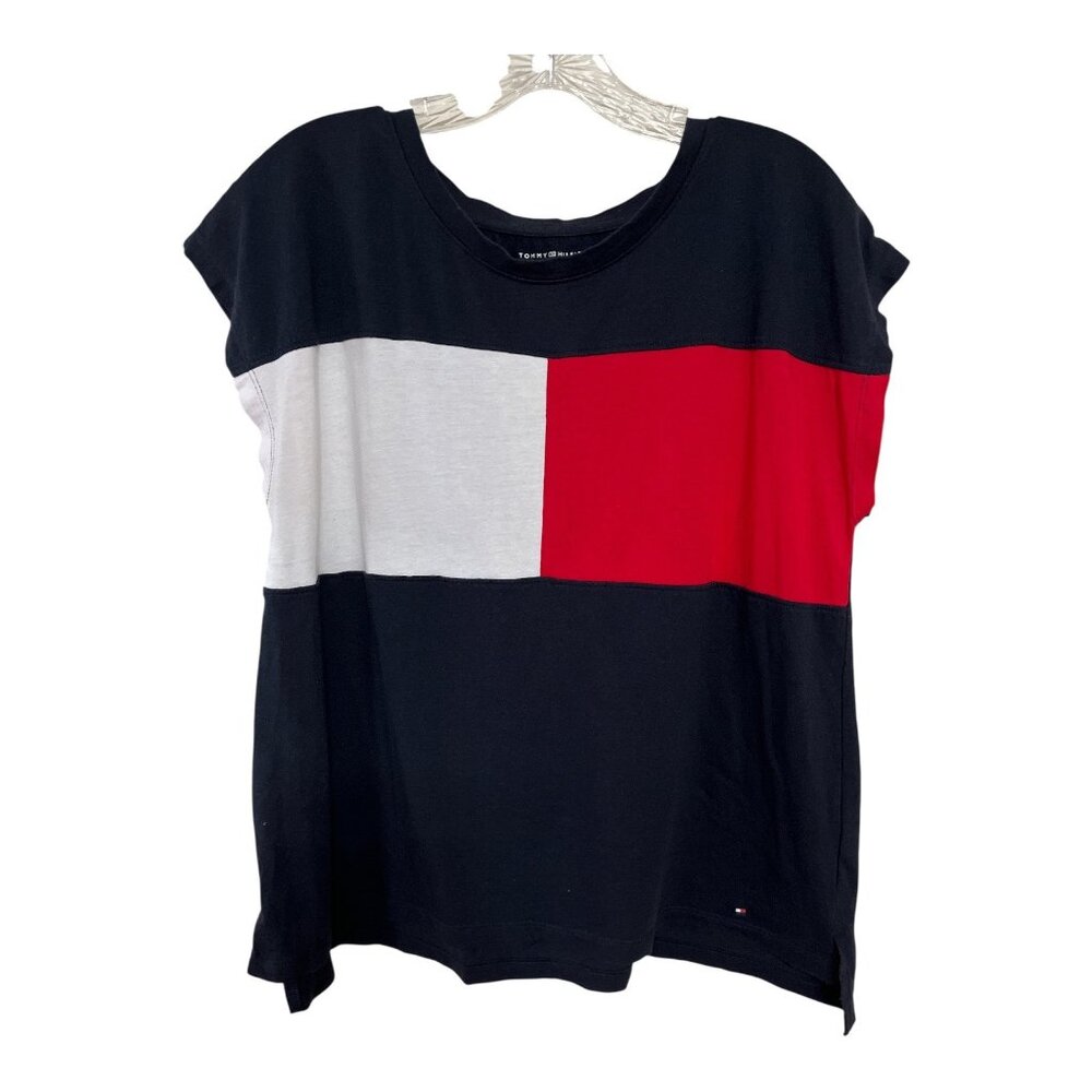 Vintage Y2K Tommy Hilfiger Flag Logo Oversized Tee – Black Red White – Women’s X